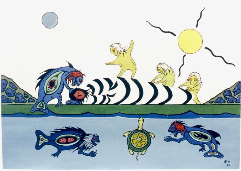 This is an illustration of a person sleeping on the grass beside a body of water which has beings swimming under the surface. The sun shines while being beings crawl on the person sleeping.