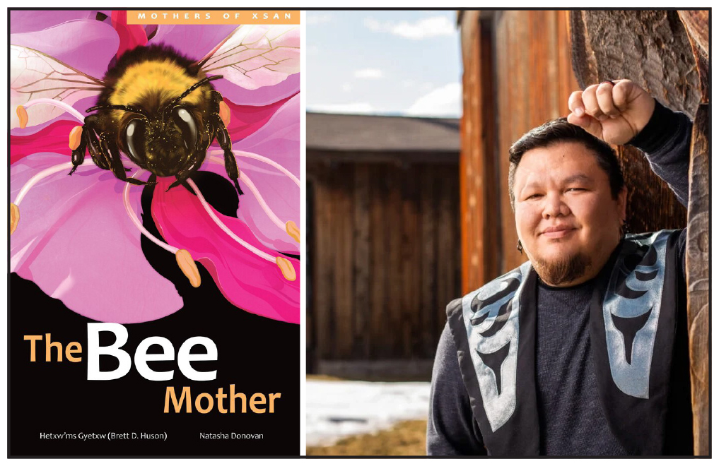 Two photos: At left a bumblebee sits on a big pink flower. At right, the author leans against a carved wood house post.