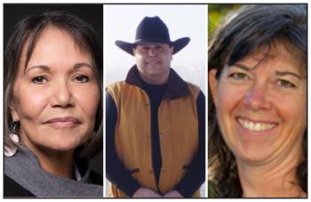 Three individual head shots of two women and a man in a hat in the centre.