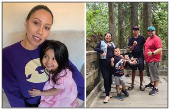 At left a mother holds her smiling daughter on her lap. At right a family of five, one child an infant in a car seat, stand under trees on a path.