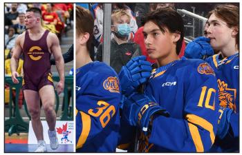 Two photos: At left is a man in a marroon and gold wrestling uniform with Stingers written on the chest. At right are teen boys in blue hockey uniforms with their sticks. One teen in the middle stands out as the subject of the photo. He has smooth short black hair and is looking intently off to the left.