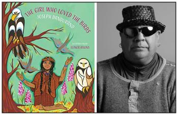 Two photos. At left an illustration. A little girl with long braids wearing a woven cedar head band kneels in the forest. An owl perches on a stump and an eagle on a tree branch. The girl has flowers around her. At right a man in a hat wearing dark sunglasses is photographed.