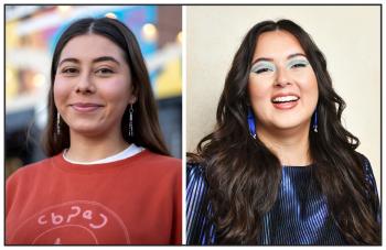 Two head and shoulders photos of two women. One wears an orange sweatshirt featuring syllabics and another wears a shimmery blue dress.