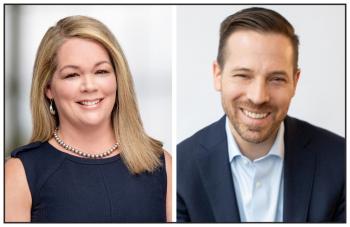 Two photos: On left is a blond woman in a black dress that smiles at the camera, and at right a man with a beard and mustache wears a blue suit and smiles at the camera.