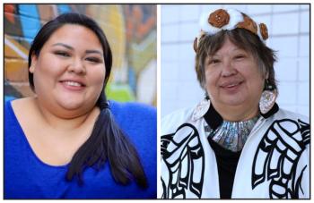 Two photos: Two head and shoulder photos of two women. At left a woman in blue, and at right a woman in a cedar headband and a white shawl with appliqué on the shoulders.