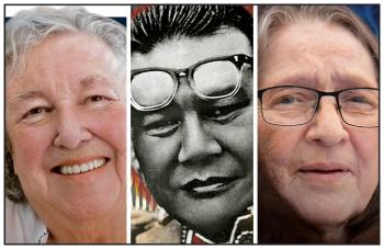 Three photos: Head shots of two women and one man. 