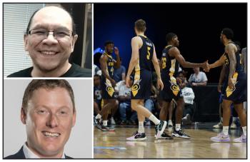 Three photos: Stacked at left are head shots of two men. At right are basketball players on the court.