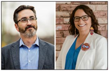 Two head shots. One of a man and one of a woman.