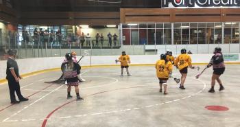 Photo is of a team of lacrosse players playing in a arena.