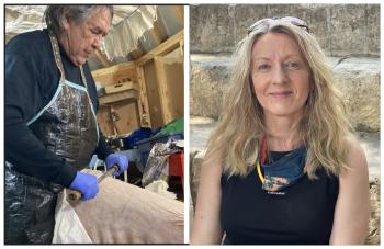 Two photos: At left an older man in an apron  works on a moose hide. At right a woman sits smiling at the camera.