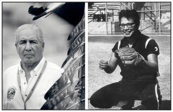 Two photos: At left is an older man holding an eagle staff. At right is a female softball backcatcher, crouching and smiling with her glove raised.