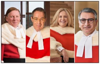 Four Supreme Court of Canada Justices are shown wearing their official scarlett fur-trimmer robes. Three men and one woman.