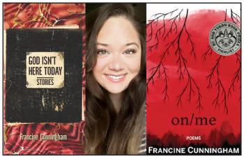 Three photos. In the middle is a smiling young woman, the author. She has long flowing brunette hair. To the left and right of her are two book covers. At left is God Isn't Here Today Stories. It's got a red and black background of swirls, and over that is what looks like a old black student school notebook. At right is the book cover for on/me. It's got a blood red background with black tree branches. In the corner is a seal which states BC and Yukon Book Prizes Finalist.