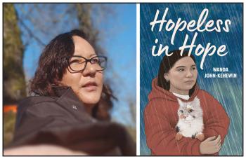 Two photos: At left a woman outdoors with trees behind her. At right is the cover of a book. On it a young girl in a red hoodie holds a cat.