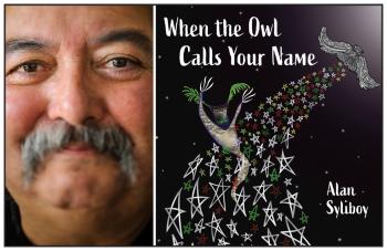 Two photos: At left is a close up of a man's face. He has a mustache. At right is a book cover with a black sky. Illustration of a flow of stars rush toward an owl. A spirit figure seems to be carried along by the stars.