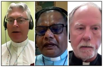 Three photos of three clergy wearing the traditional white collar of the Catholic church clothing.