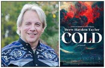 Two photos: At right is the cover of a book called Cold. At the bottom of the cover is the Toronto city skyline. Above the CN Tower is a swirling mass of angry clouds with red dominating the centre. At left is a photo of a man smiling toward the camera.