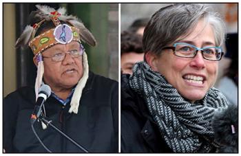 Two photos of two people, one man and one woman, speaking.