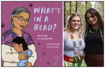 Two photos: At left is the book cover. An illustration of an Elder woman in a flowery scarf wrapped around her shoulders hugs a young girl. At right are two women standing outside among the trees, the author and the illustrator.