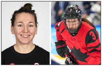 Two photos of the same woman. At left is a head and shoulders shot of a smiling woman with her hair in a knot at the top of her head. At left is her on the ice in full hockey gear wearing a red jersey with a maple leaf on the front.