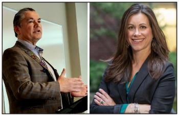 Two photos: At left a man is speaking at a podium. At right is a formal head and shoulders picture of a woman.