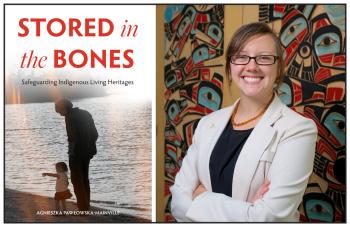 Two photos. At left is the cover of a book with the photo of an old man walking with a toddler along the shoreline. At right is a woman in a white jacket standing against a carved wall hanging. She smiles brightly.