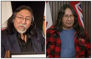 Two photos of two men speaking at a podium.