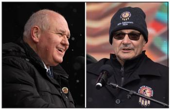 Two photos of two men each addressing people while at an outdoor podium.