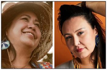 Two photos of two women. At left, the woman wears a cedar woven hat. At right the woman has her hand up touching the back of her own head.