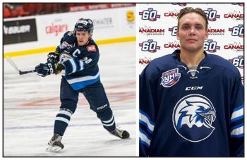 Two photos: At left is Brody Tallman on the ice taking a shot. At right is a usual team head and shoulders photo with Tallman wearing the team jersey.