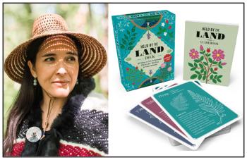 A left woman wearing a cedar woven hat looks out from a field. At right is the new Held by the Land card deck and plant guide. 