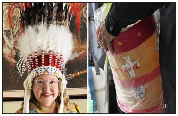 Two photos: A smiling national chief wears her headdress with pride in the photo on the left. The headdress in a case is put in a plastic bag by Air Canada staff to be stowed in the underbelly of the plane.