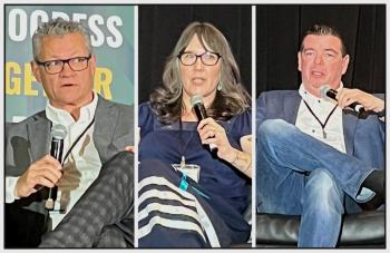 Three photos. Two men and one woman. Each sit in chairs on a stage with microphones in their hands.