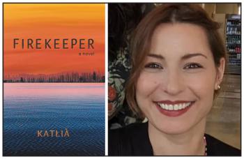 Two photos: At left is the cover of the novel Firekeeper. At the bottom is a body of water, rippling. In the distance is a line of trees and mountains behind a haze. At the top is an orange sky. The photo at right is of a smiling woman.