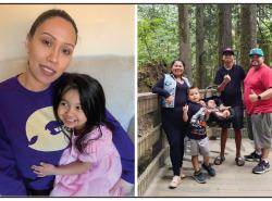 At left a mother holds her smiling daughter on her lap. At right a family of five, one child an infant in a car seat, stand under trees on a path.