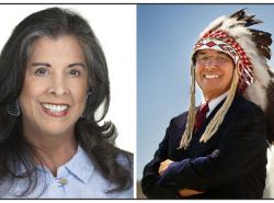 Two photos: A woman on the left with long dark hair. It's a head and shoulders shot.She is smiling. On the left is a man in a dark suit. He wears a feathered headdress. He is smiling.