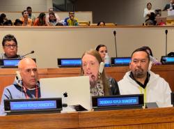 Two men and one woman sit at microphones. In from of them is a plaque identifying them as being from an Indigenous organization