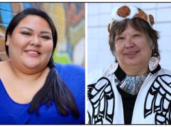 Two photos: Two head and shoulder photos of two women. At left a woman in blue, and at right a woman in a cedar headband and a white shawl with appliqué on the shoulders.