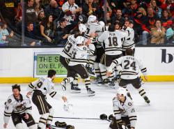 Celebration on the ice as the Hershey Bears capture the Calder Cup.