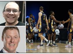 Three photos: Stacked at left are head shots of two men. At right are basketball players on the court.