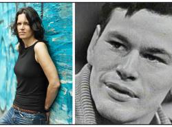 Two photos: At left a woman leans with her back against a peeling blue painted wall. At right is a black and white photo of a man in a heavy knit sweater.