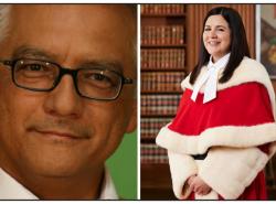 Two photos. One is a formal shot of a man's face. He wears glasses and smiles slightly at the camera. The photo on the right is of a Supreme Court of Canada justice. She wears the crimson robes with white fur trim.