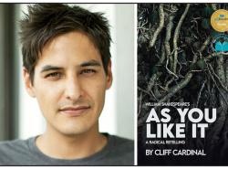 Two photos: At left is a man's face. He has dark short hair. At right is the cover of a text. As You Like It is printed in white over a tangle of tree roots.