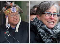 Two photos of two people, one man and one woman, speaking.