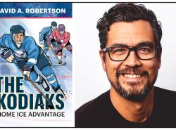 Two photos: At left is the cover of a book with an illustration of boys playing hockey. At right is a photo of the author.