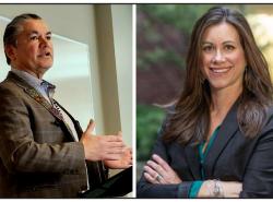 Two photos: At left a man is speaking at a podium. At right is a formal head and shoulders picture of a woman.