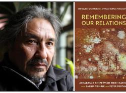 Two photos: At left is a close-up photo of a man's face. He looks world-weary and somber but his black eyes shine.