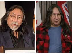 Two photos of two men speaking at a podium.