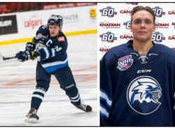 Two photos: At left is Brody Tallman on the ice taking a shot. At right is a usual team head and shoulders photo with Tallman wearing the team jersey.