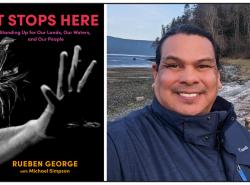 Two photos: On left the cover of the author's book. On it is a photo of a hand coming up in a "Stop" motion. At right is the author on a west coast shoreline.